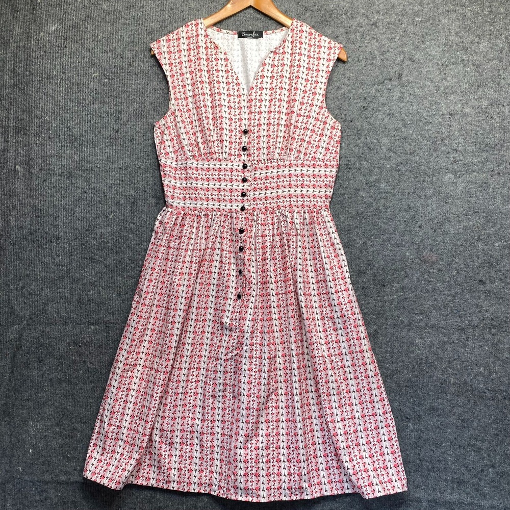 SUCREFAS Floral Button Neck Tea Length Fit & Flare Dress Pink Brown Medium